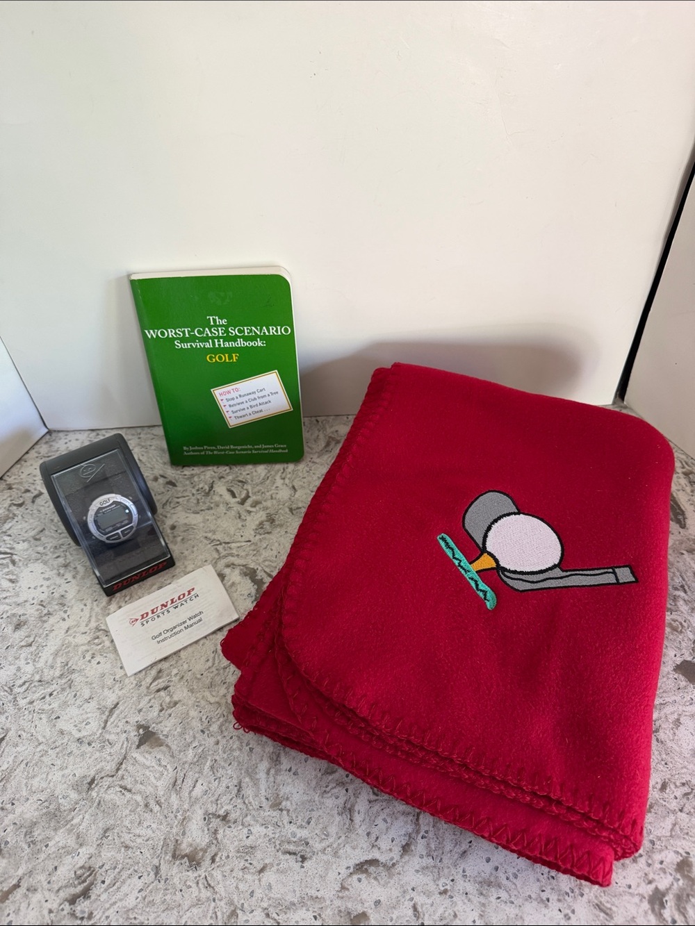 NEW Golf Fleece Blanket with Embroidered Ball & Club, Book & Dunlop Sport Watch